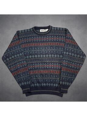 Vintage Basic Editions Sweater Medium Fair Isle Geometric Knit Grandpa 90s USA